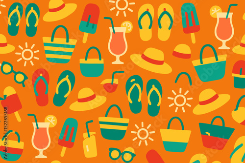 Colorful summer items pattern featuring hats, drinks, and flip-flops on a bright background, perfect for beach vibes