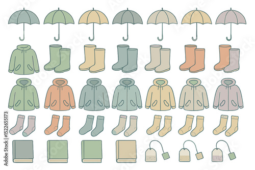 Cozy rainy day essentials with jackets, boots, books, and tea