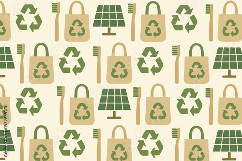 Pattern featuring eco-friendly symbols like recycling signs, solar panels, reusable bags, and bamboo toothbrushes on a soft background