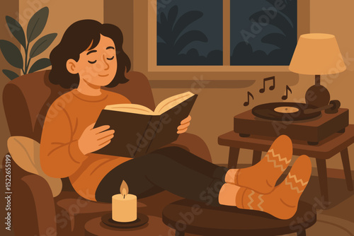 Cozy evening at home with a girl reading a book by candlelight and listening to music on a record player