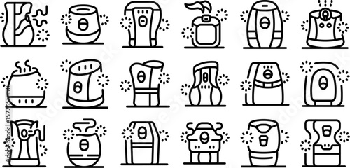 Automatic air freshener icons set. Air purifier cleaning removing dust and germs from room icons set outline style