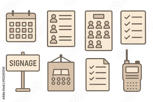 Visual collection of operational elements for event planning and organization in a professional setting