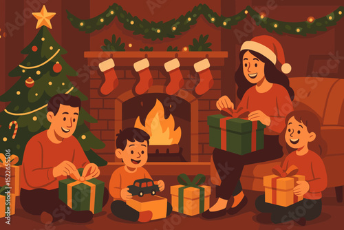 Family celebrates Christmas together by fireplace with gifts and decorations in a cozy living room atmosphere