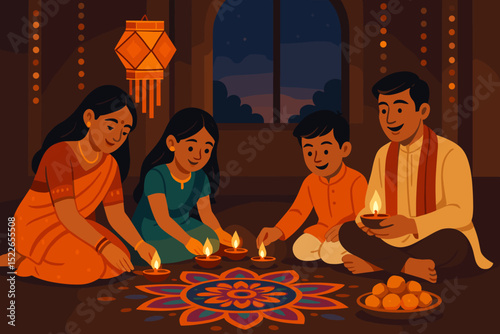 Family celebrates festival with diyas and rangoli in warm, cozy indoor setting during evening hours