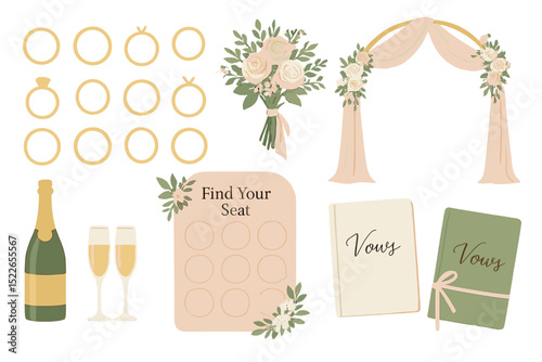 Elegant wedding decorations with rings, champagne, floral arrangements, and seating chart in soft colors