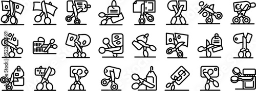 Scissors cutting price icons set. Set of unique scissors icons symbolizing diverse activities and ideas