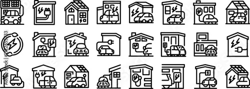 Home charging icons set. Electric vehicles charging at home, utilizing solar panels for sustainable and eco friendly transportation