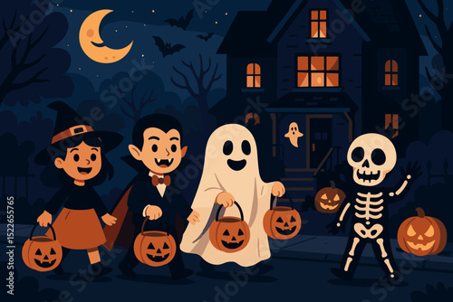 Children in costumes enjoy trick-or-treating on Halloween night at a spooky house with pumpkins and bats flying in the sky