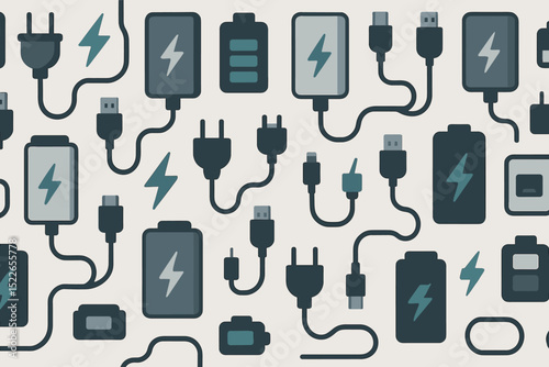 Charging accessories and power sources depicted in a colorful and detailed design pattern for technology enthusiasts