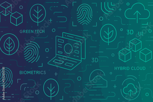 Innovative technology concepts showcasing green tech, biometrics, and hybrid cloud designs in a colorful digital pattern