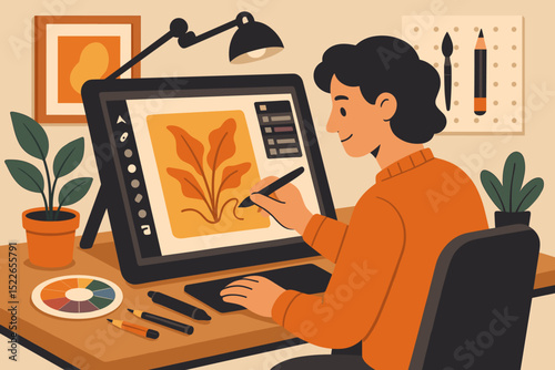 Digital artist creates botanical illustration in cozy workspace with plants and creative tools