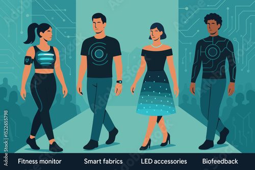 Innovative wearable technology showcased on the runway at a fashion event in a modern urban setting