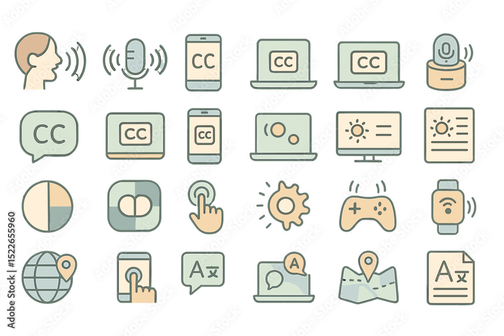 Seamless accessibility icons set with speech, captions, and touch controls Seamless accessibility icons set with speech, captions, and touch controls