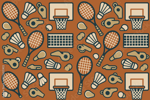 Sports equipment pattern featuring basketball and tennis elements on a vibrant background