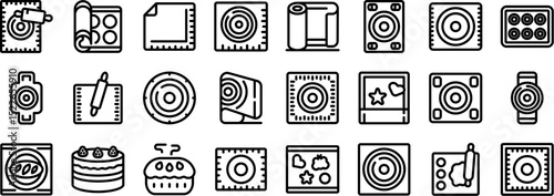 Baking mat icons set. Collection of icons representing baking mats, rolling pins, cakes, and other baking tools, ideal for culinary projects