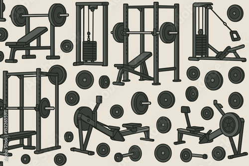 Equipment for strength training in a gym setting with various weightlifting gear and machines