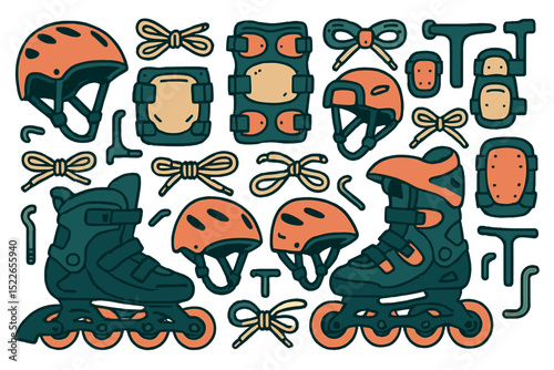 Colorful roller skating gear including skates, helmets, and protective pads arranged in a playful and organized layout