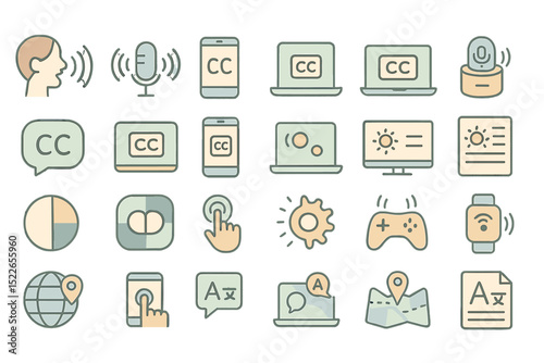 Seamless accessibility icons set with speech, captions, and touch controls