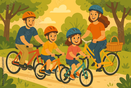 Family enjoys a joyful bike ride through a sunny park on a warm afternoon while creating lasting memories together