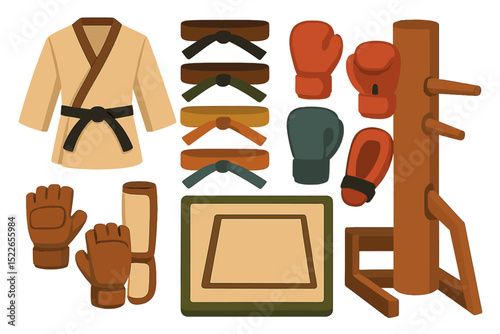 Colorful martial arts gear and belt icons for training themes