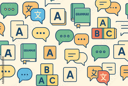 Language learning icons with speech bubbles and grammar books