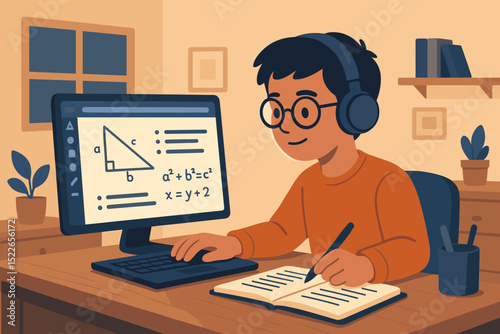 Student learning math online at home with headphones
