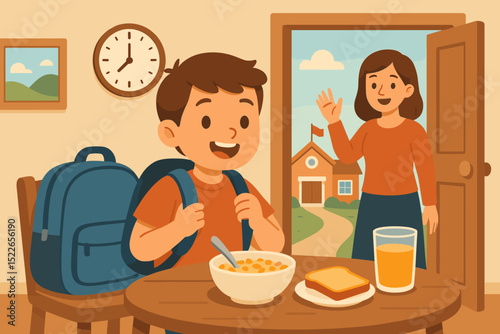 Happy boy eating breakfast before school with backpack on