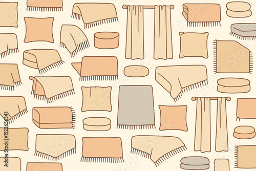 Pattern of cozy home accessories including pillows, blankets, and curtains.
