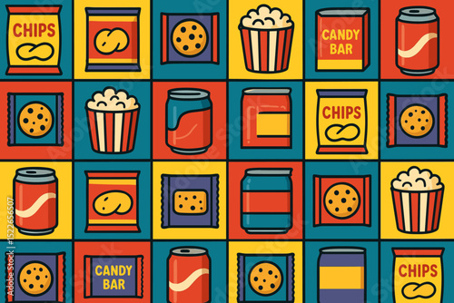 Pop art style grid of colorful cartoon snack food icons