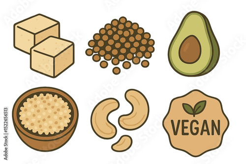 Outlined icons of vegan food ingredients on earthy gradient