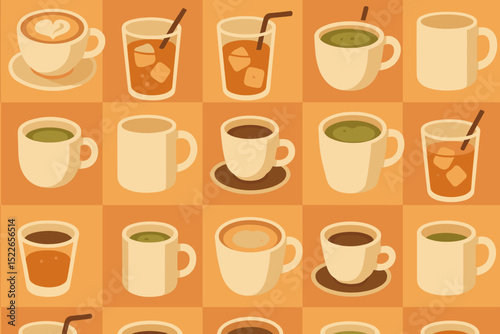 Variety of hand-drawn beverage cups arranged in a repeating pattern showcasing different drinks on a warm orange background