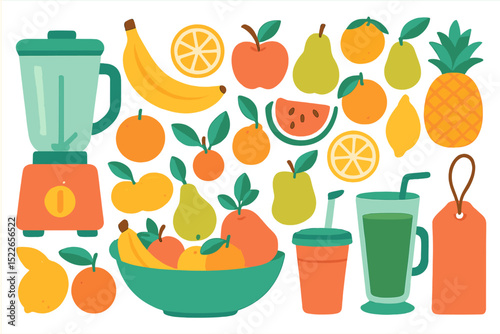 Colorful fruit and blender arrangement showcasing healthy drink ingredients in a vibrant kitchen setting