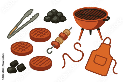 Grilling icons with BBQ tools, skewers, and charcoal in warm tones