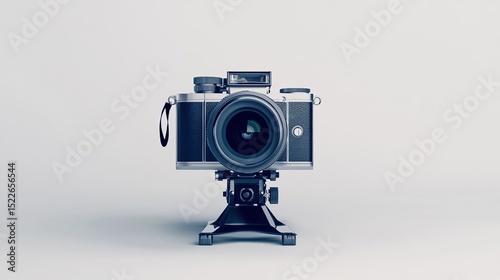 A vintage-style, black and silver rangefinder camera sits on a small tripod against a plain white background, its lens facing forward, ready for use.  A flash is mounted on top