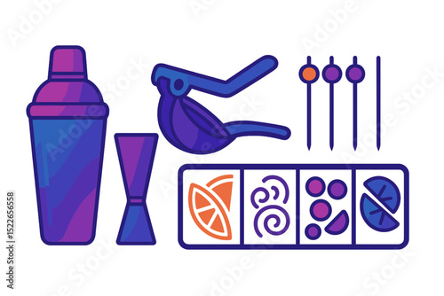 Neon cocktail bar tools and garnish tray on dark glowing background