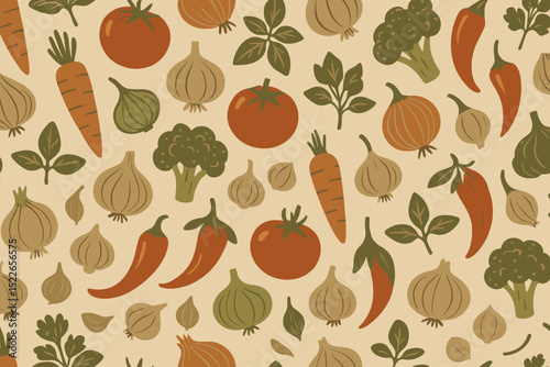 Seamless pattern of hand-drawn vegetables on beige background