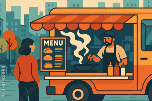 Woman ordering food from a city street food truck illustration