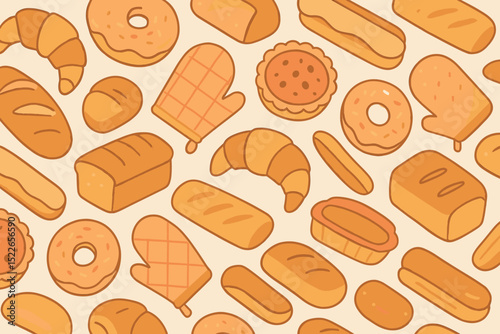 Colorful assortment of baked goods and kitchen tools on a light background
