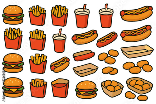 Seamless cartoon pattern of burgers, fries, hot dogs, and soda