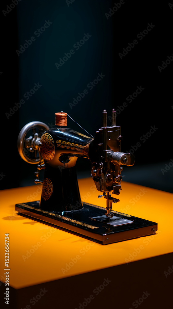 Fototapeta premium Vintage sewing machine displayed artistically on a bright orange table under soft dramatic lighting