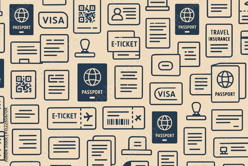 A pattern of travel documents, including passports, visas, e-tickets, travel insurance, and stamps.
