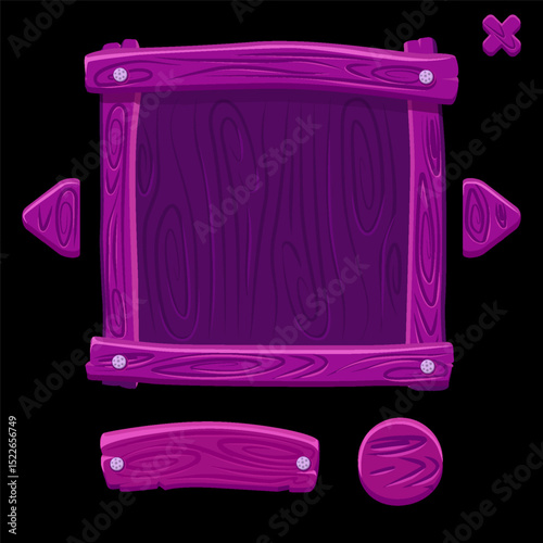 Wooden game buttons and banners. Purple Game interface buttons in cartoon style.