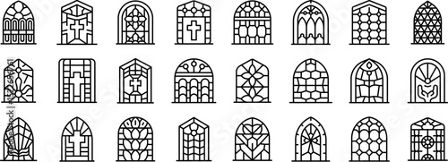 Cathedral stained glasses icons set. Arched stained glass window designs showcasing christian crosses, floral patterns, and geometric shapes, ideal for church or cathedral architecture