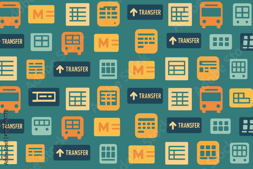 A collection of icons representing transportation, including bus, metro, transfer signs, and timetables.