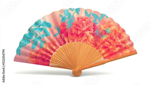 Decorative Hand Fan with Floral Design in Vibrant Colors of Pink and Blue on a White Background