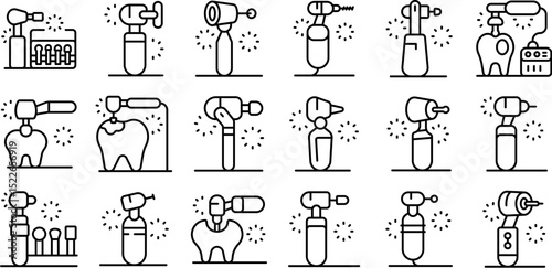Dental drill icons set. Dental drill icons set showing different instruments used by dentists for treating teeth, in black and white
