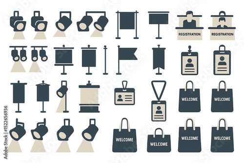 Dark flat event icon set with signs, lights, badges, and welcome bags
