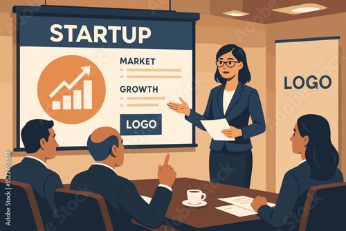 Businesswoman presenting startup growth and market strategy to team
