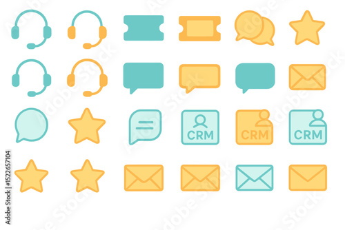 CRM and customer service icons with chat, email, and headset symbols