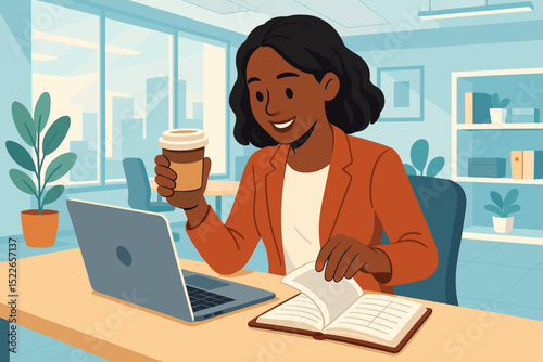 Smiling woman working with laptop and coffee in bright office